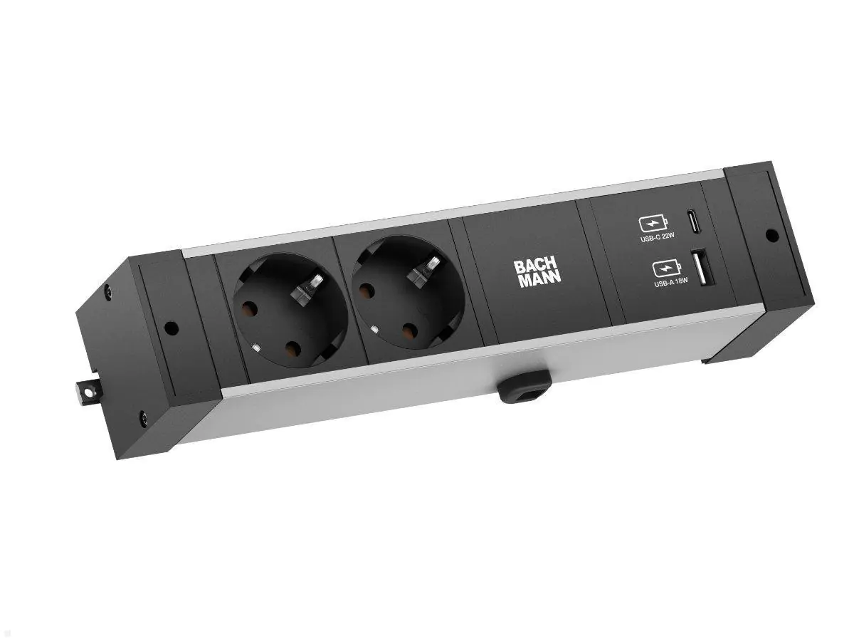 Bachmann DESK RAIL, Tischanschlussleiste 2x Steckdose, USB-A/C-Charger, Alu eloxiert