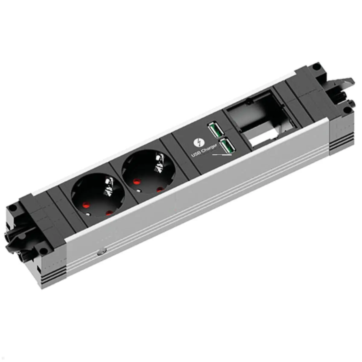 Bachmann STEP BASE ALU Steckdosenleiste 2-fach, 1x Custom Modul, USB A/A Charger, mit GST18