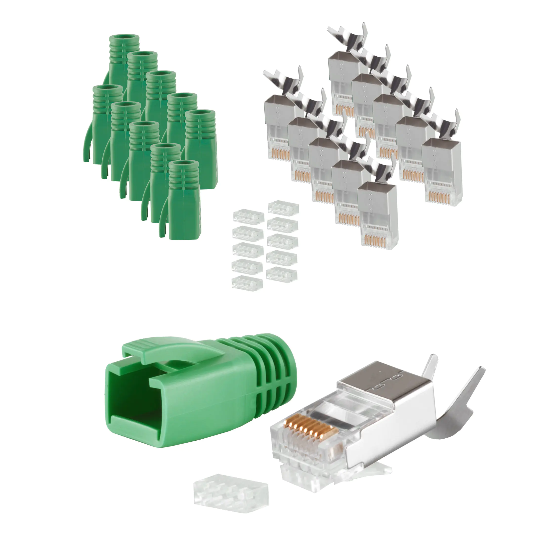 Bayko RJ45 Stecker SET für Verlegekabel bis AWG 23 Stecker, Einführhilfe und Tülle, grün 10 Stück