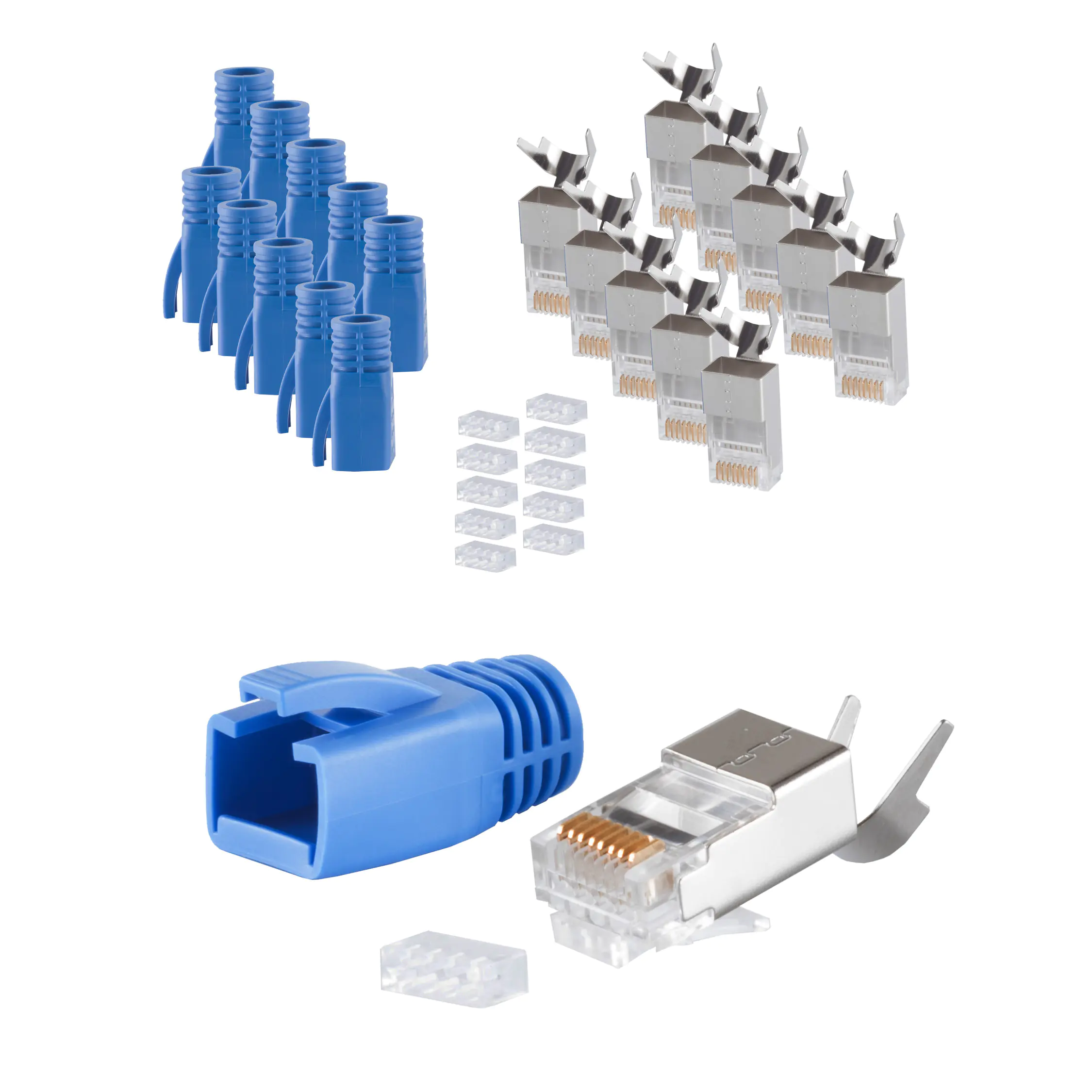 Bayko RJ45 Stecker SET für Verlegekabel bis AWG 23 Stecker, Einführhilfe und Tülle, blau 10 Stück