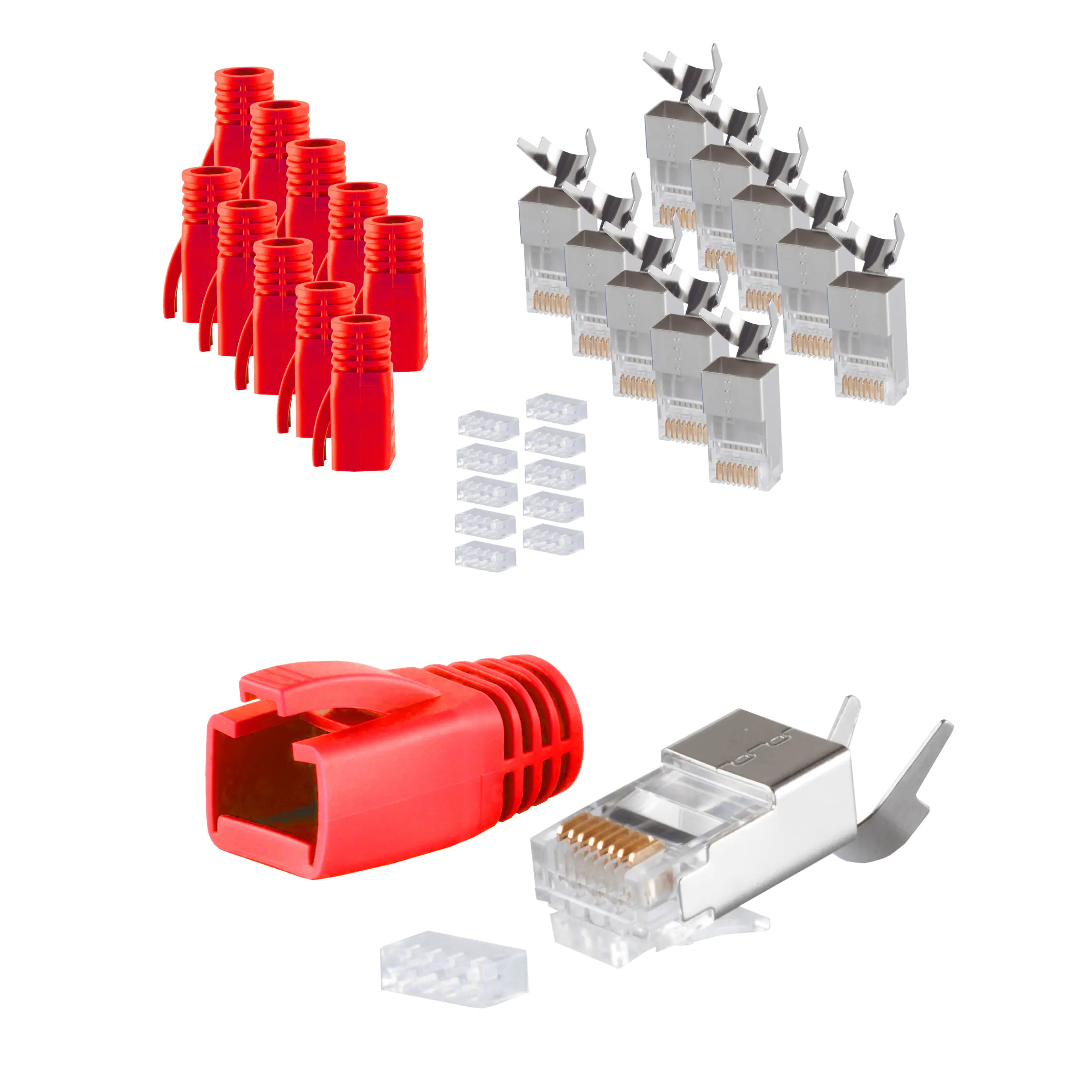 Bayko RJ45 Stecker SET für Verlegekabel bis AWG 23 Stecker, Einführhilfe und Tülle, rot 10 Stück