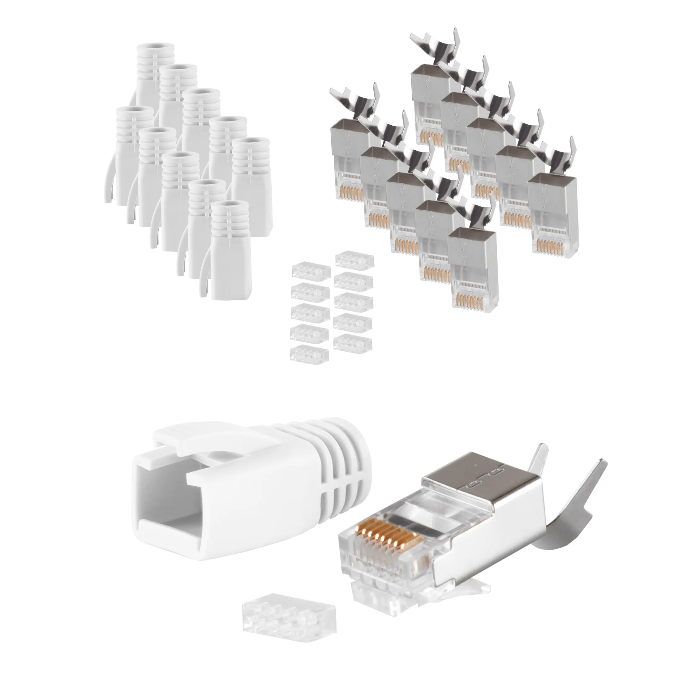 Bayko RJ45 Stecker SET für Verlegekabel bis AWG 23 Stecker, Einführhilfe und Tülle, weiß 10 Stück