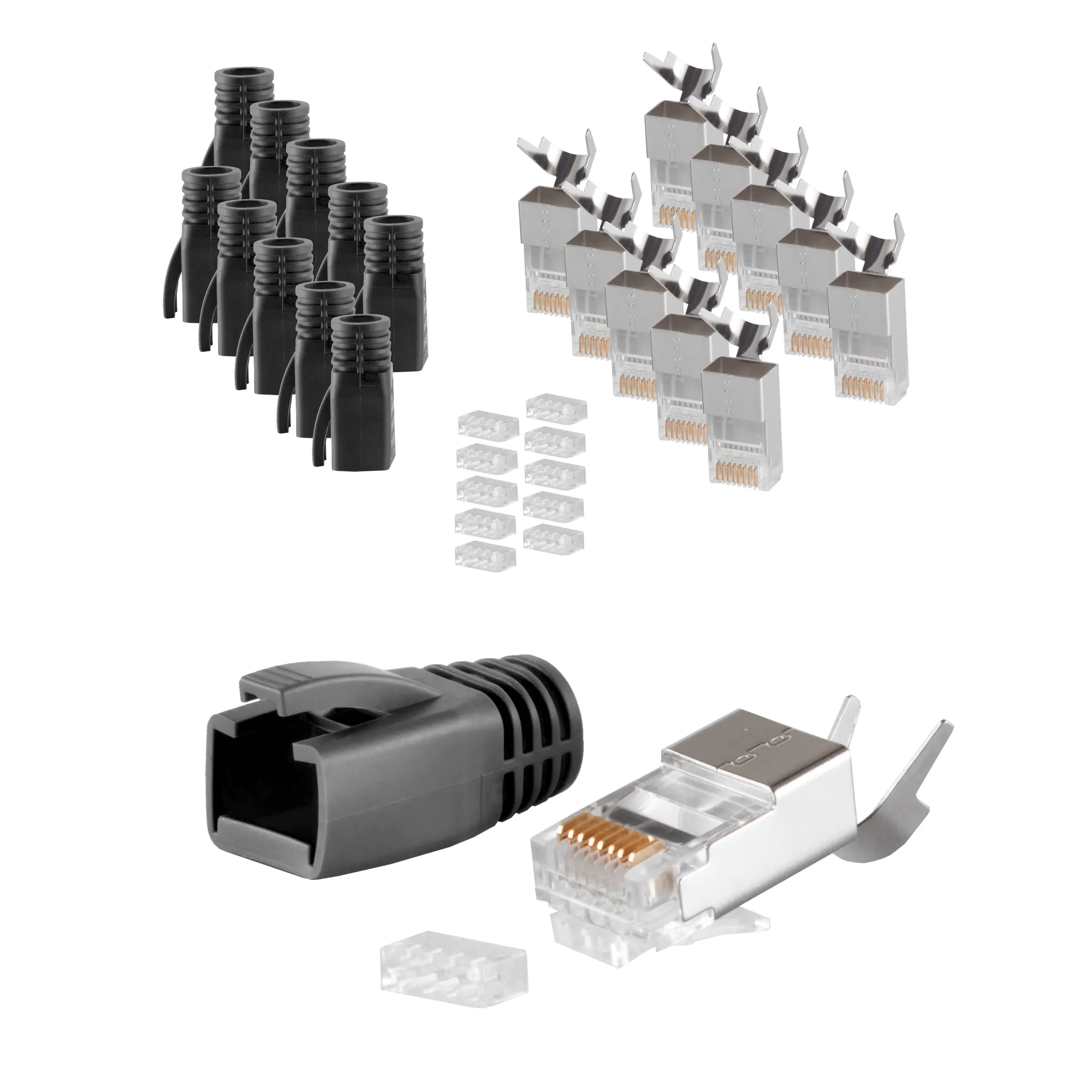 Bayko RJ45 Stecker SET für Verlegekabel bis AWG 23 Stecker, Einführhilfe und Tülle, schwarz 10 Stück