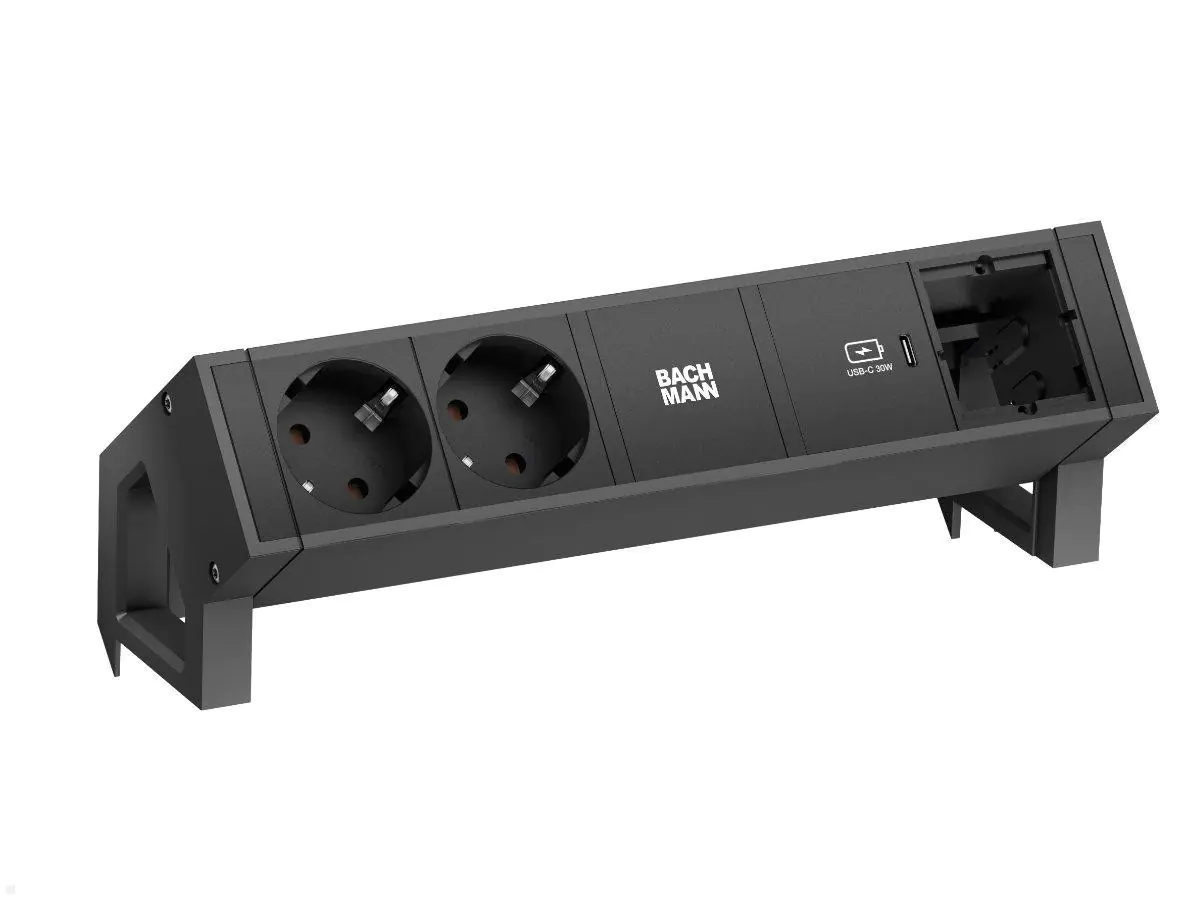 Bachmann DESK 2, Tischanschlussfeld 2x Steckdose, 1x CM, USB-C-Charger 30W, schwarz