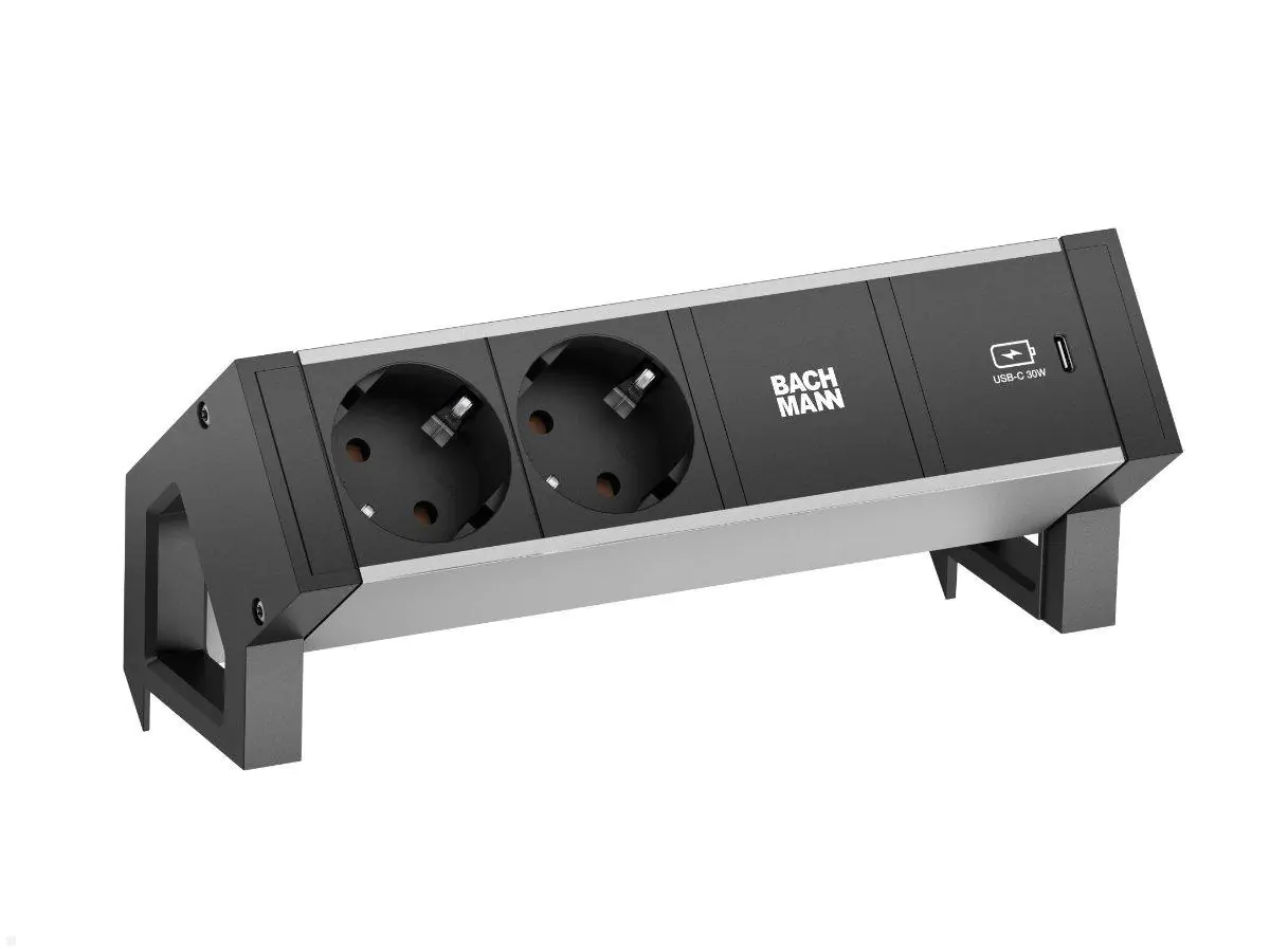 Bachmann DESK 2, Tischanschlussfeld 2x Steckdose, USB-C-Charger 30W, alu/schwarz