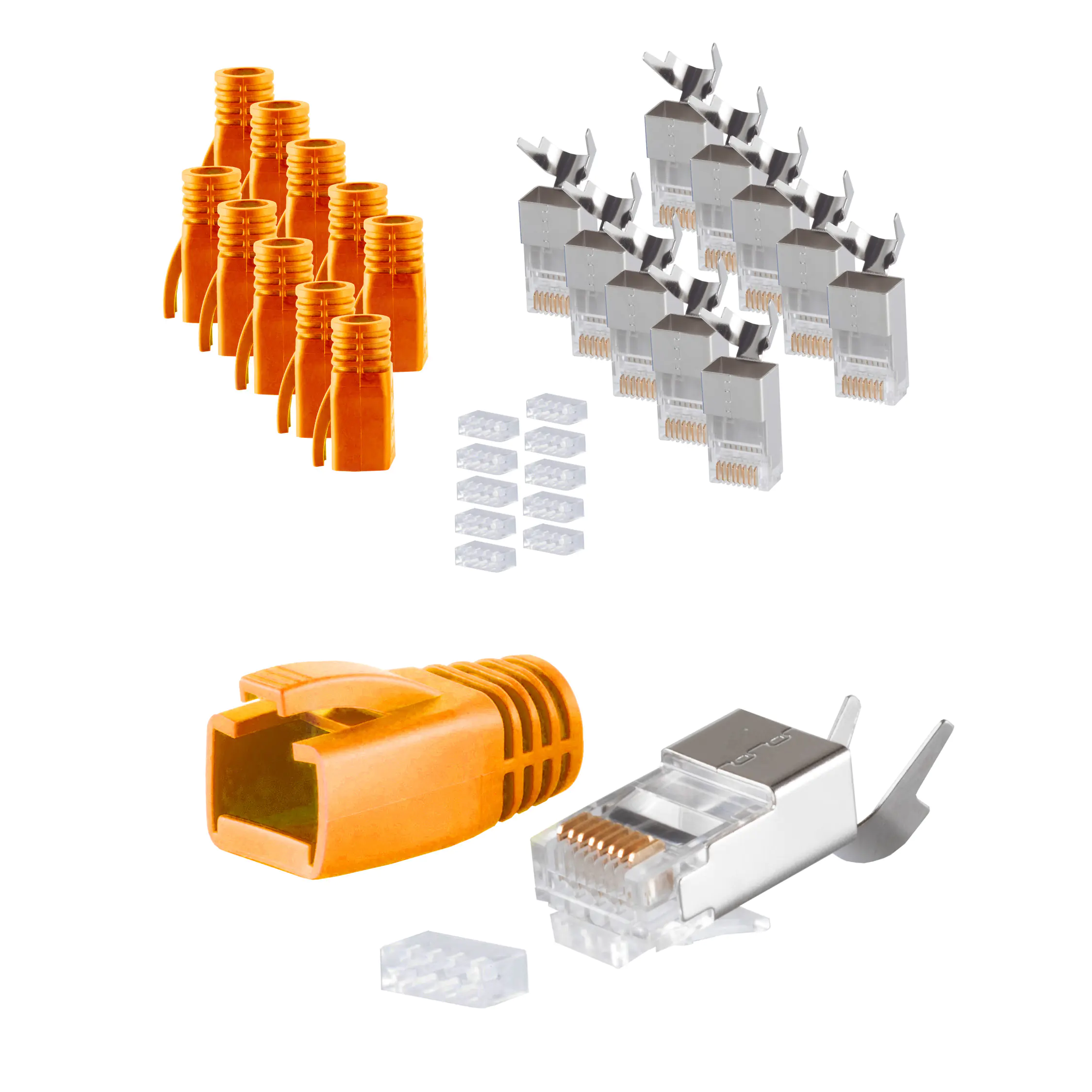 Bayko RJ45 Stecker SET für Verlegekabel bis AWG 23 Stecker, Einführhilfe und Tülle, orange 10 Stück