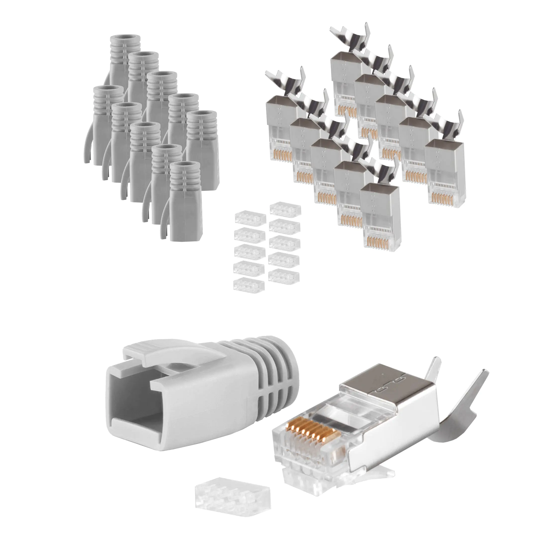 Bayko RJ45 Stecker SET für Verlegekabel bis AWG 23 Stecker, Einführhilfe und Tülle, grau 10 Stück