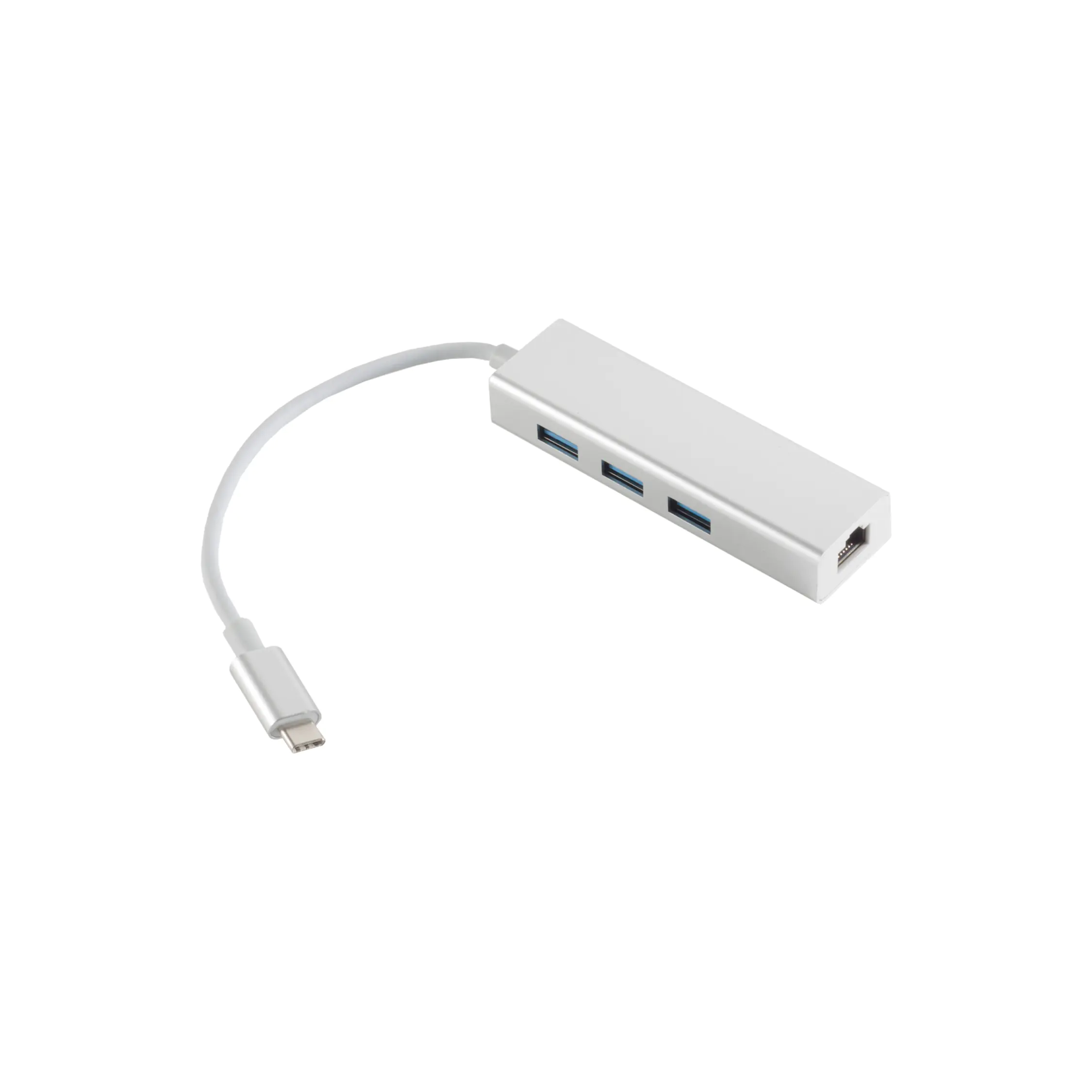 Bayko PRO USB-C 3.1 HUB mit 3x USB 3.0 + RJ45  Stecker/4x Buchse, 1Gbps, 100 Mbit/s, silber, 0,1m