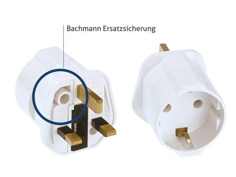 Bachmann REISEADAPTER, mit Ersatzsicherung Schutzkontakt zu UK/Hongkong, weiß